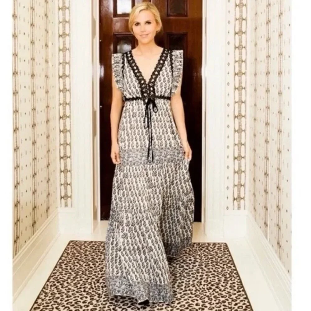💕TORY BURCH Amita Appliquéd Printed Cotton Maxi Dress Ivory Guru Border Print 0